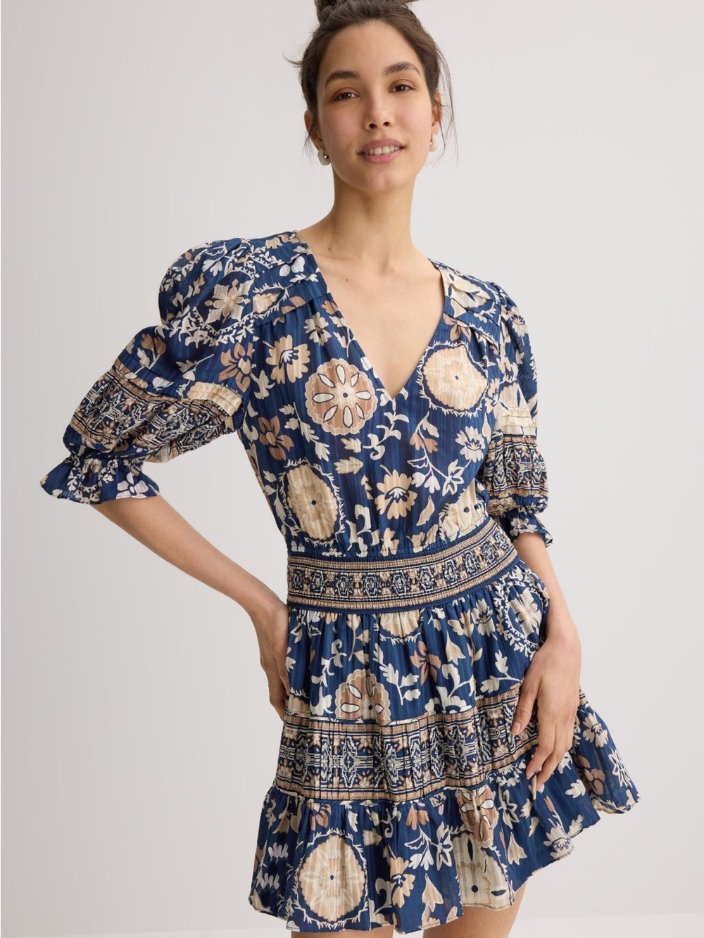 Ramy Brook Navy Floral Tiered Mini Dress